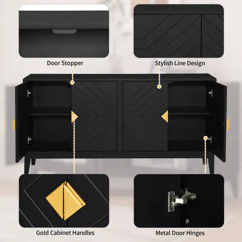 4-door Sideboard Storage Cabinet For Living And Dining Room, Two Large Cabinets With Gold Handle And Adjustable Shelves, Black Rieworkes