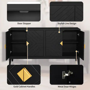 4-door Sideboard Storage Cabinet For Living And Dining Room, Two Large Cabinets With Gold Handle And Adjustable Shelves, Black Rieworkes