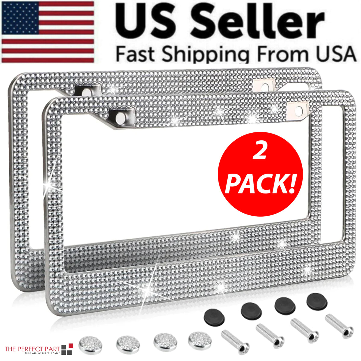 2PCS Bling License Plate Frame Glitter Crystal Sparkling Rhinestone Diamond Caps Rieworkes