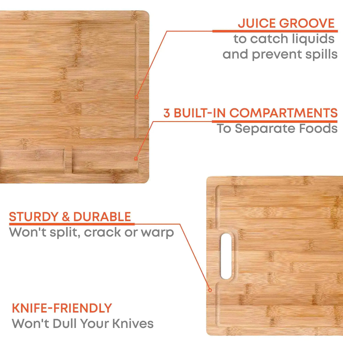 Extra Large Bamboo Cutting Board - 17x12.5 inch Wood Cutting Board for Meat, Cheese, Veggies - Wood Serving Tray with Juice Groove and 3 Compartments Rieworkes
