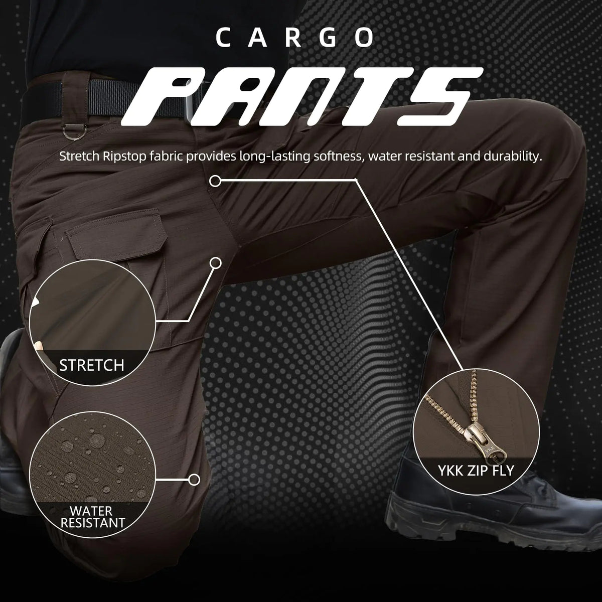 Men's Stretch Tactical Pants Water Resistant Ripstop Cargo Pants Outdoor Lightweight EDC Work Hiking Pants 30W x 32L Dark Brown Rieworkes