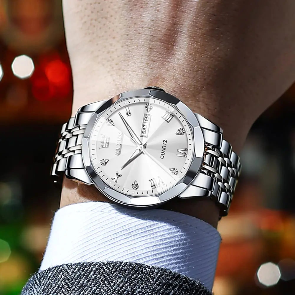 OLEVS Watch for Men Diamond Business Dress Analog Quartz Stainless Steel Waterproof Luminous Date Two Tone Luxury Casual Wrist Watch silver watch for men Rieworkes