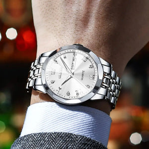OLEVS Watch for Men Diamond Business Dress Analog Quartz Stainless Steel Waterproof Luminous Date Two Tone Luxury Casual Wrist Watch silver watch for men Rieworkes