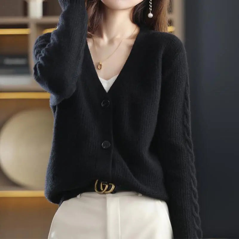 Korean Commute Solid Color V-Neck Cardigan Sweaters for Women Rieworkes