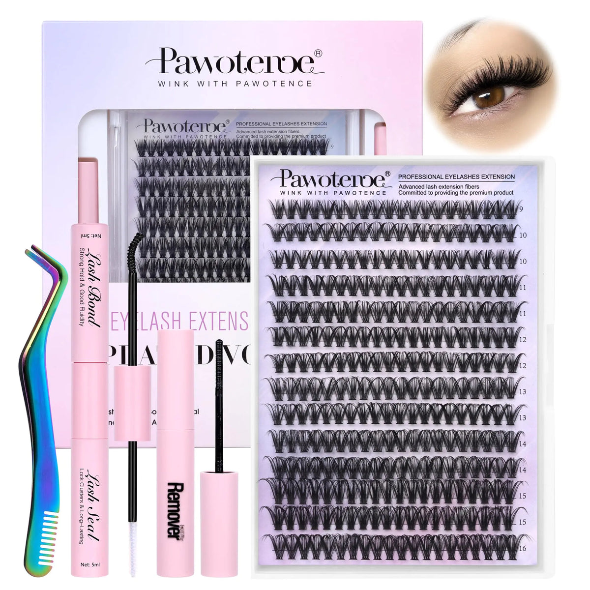 Pawotence Lash Extension Kit DIY 280pcs Individual Lash Clusters Kit 9-16mm 40D Cluster Eyelash Extension Kit with Lash Bond and Seal, Lash Remover, Lash Tweezers for Self Use (40D, 9-16mm, All Kit) 40D KIT all prestige Rieworkes