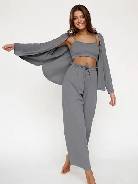 Ribbed Drop Sleeves Sleepwear Women Set Rieworkes