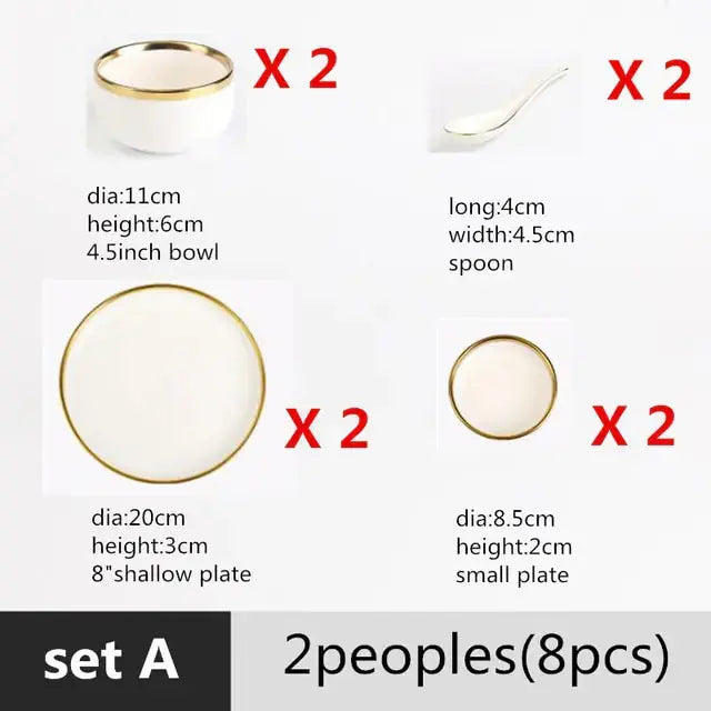 High-quality Matte Gilt Rim White Porcelain Dinner Tray Kitchen Plates Ceramic Tableware Food Dishes Rice Salad Noodles Bowl Rieworkes
