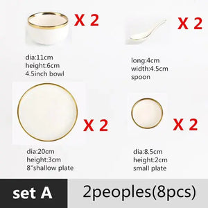 High-quality Matte Gilt Rim White Porcelain Dinner Tray Kitchen Plates Ceramic Tableware Food Dishes Rice Salad Noodles Bowl Rieworkes