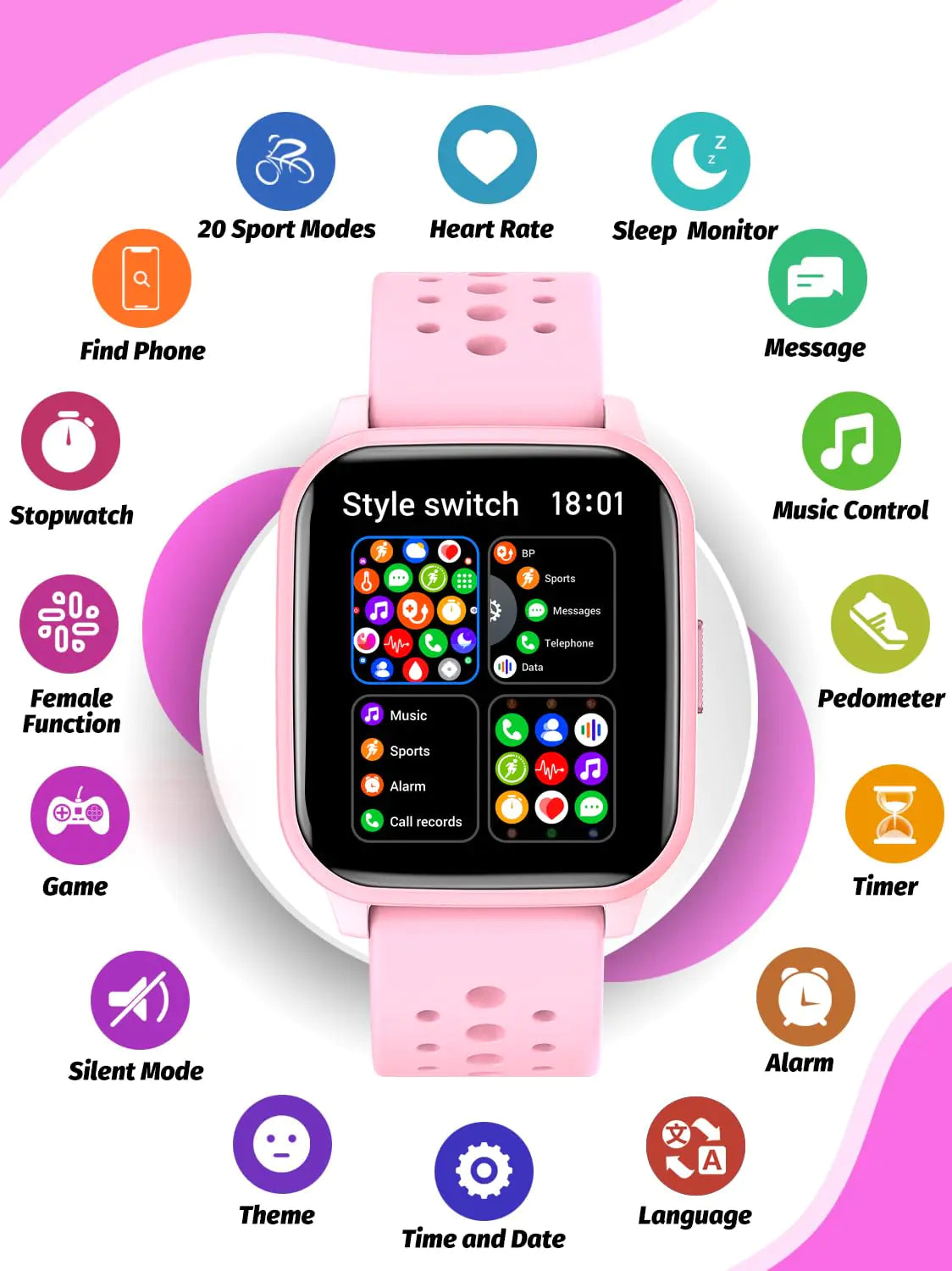 Kids Smart Watch Girls Boys, Smart Watch for Kids Game Smart Watch Gifts for 4-16 Years Old with Sleep Mode 20 Sports Modes 5 Games Pedometer Birthday Gift for Boys Girls (Pink) Pink Rieworkes