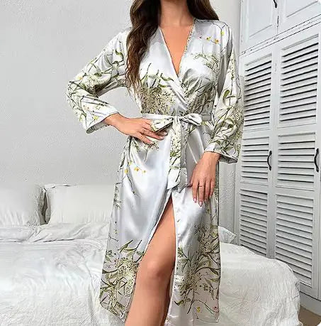 Cherry Print Satin Nightgown & Robe Set Rieworkes