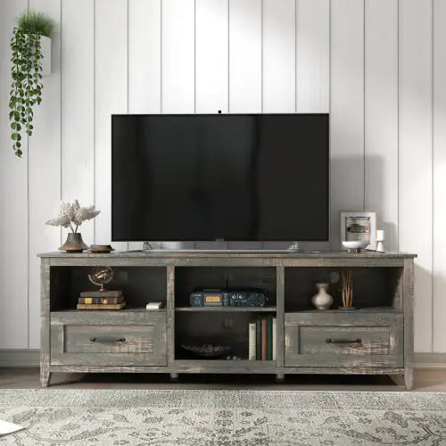 70 Inch Length TV Stand For Living Room And Bedroom, With 2 Drawers And 4 High-Capacity Storage Compartment, Black Pine Rieworkes