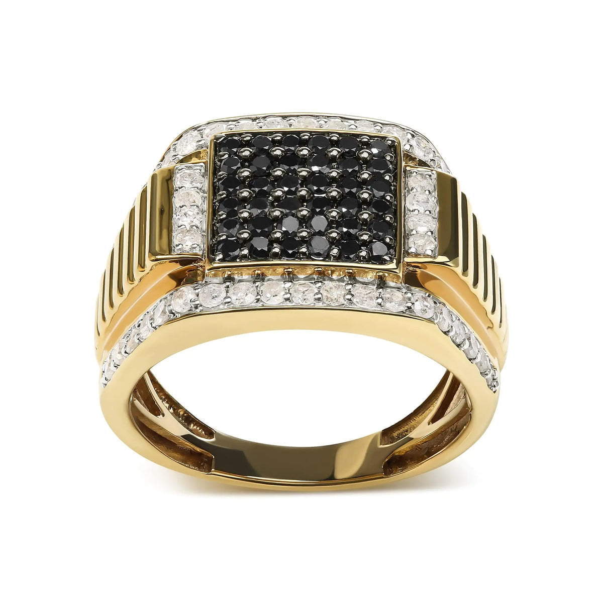 Men's 10K Yellow Gold 1 1/2 Cttw White and Black Treated Diamond Cluster Ring (Black / I-J Color, I2-I3 Clarity) Rieworkes