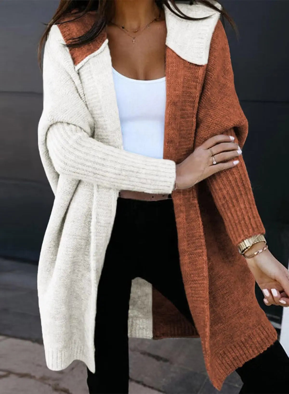 Astylish Women 2024 Open Front Long Sleeve Hooded Knit Cardigan Sweaters Color Block Outwear Coat Medium Brown Rieworkes