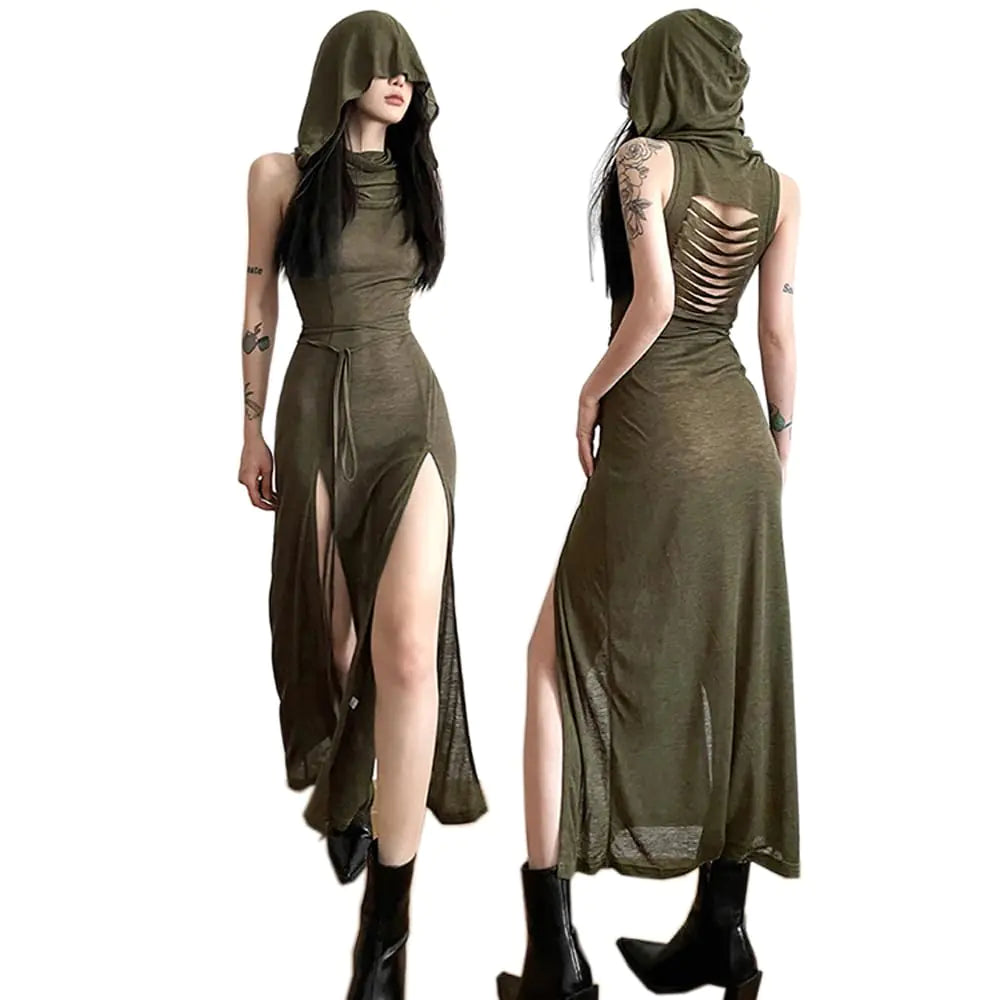 SINROYEE Women High Slit Long Dress Sexy Sleeveless Cocktail Dress Sexy Cutout Bodycon Party Club Cami Dresses (Large Dark Green) Mimarta
