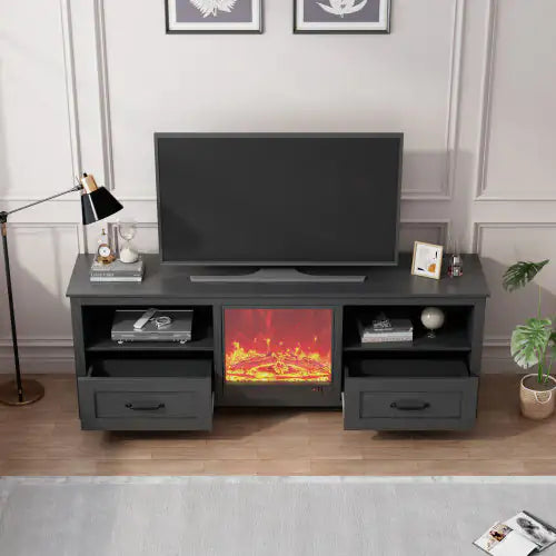 70.08 Inch Length Black TV Stand For Living Room And Bedroom, With 2 Drawers And 4 High-Capacity Storage Compartment,Suitable For Fireplace Rieworkes