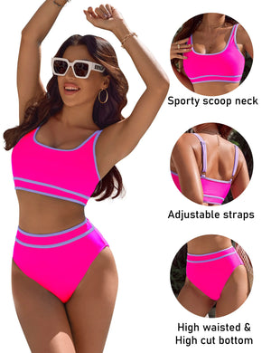 BMJL Women's High Waisted Bikini Sets Sporty Two Piece Swimsuits Color Block Cheeky High Cut Bathing Suits Small Hot Pink011 Rieworkes