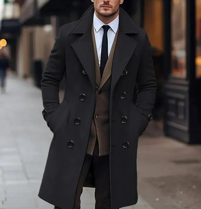 Fall Winter Men Woolen Coat Double Breasted Long Rieworkes