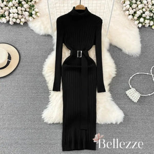Turtleneck Sexy Wrap Hips Knitted Dresses Rieworkes