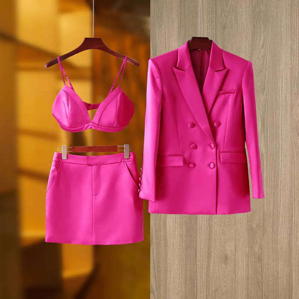 Fashionable Pink Satin Suit Jacket and Skirt Set Mimarta