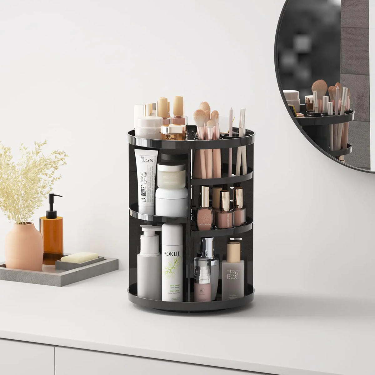 Rotating Makeup Organizer for Vanity, 360 Spinning Skincare Organizers with Adjustable Trays, Make Up Desk Storage Carousel Rack, Cosmetic Display Cases for Dresser Bathroom Countertop Black Rieworkes