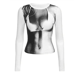 Grunge Graphic Print Long Sleeve Crop Tee Top for Women Rieworkes