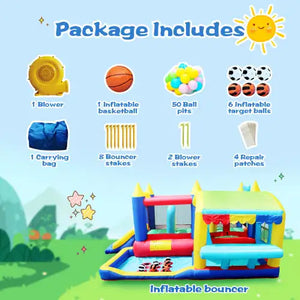 7-in-1 Inflatable Bounce House, Bouncy House With Ball Pit For Kids Indoor And Outdoor Party Family Fun, Obstacles, Toddler Jump Bounce Castle With Ball Pit For Birthday Party Gifts Rieworkes