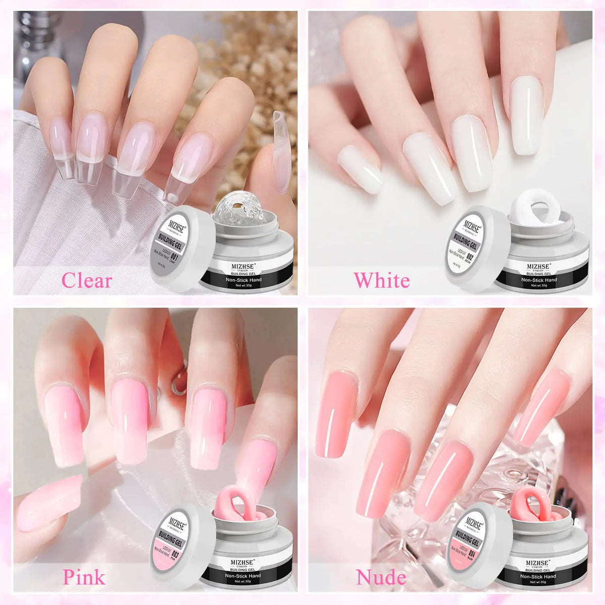 MIZHSE Solid Builder Gel, Nail Sculpture Gel Non-Sticky 4 Colors Nude Clear White Pink Hard Builder Gel Nails UV LED Nail Extension Gel For Nail Salon Home Manicure C-Classic Colors * 4 Rieworkes