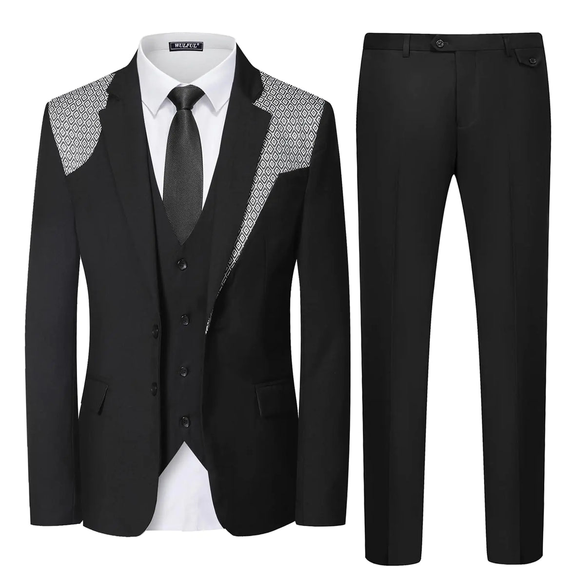 WULFUL Men's 3 Piece Slim Fit Suit Set Two Button Blazer Jacket Vest Pants Tuxedo Set for Party, Wedding and Business Medium Black-0371 Rieworkes