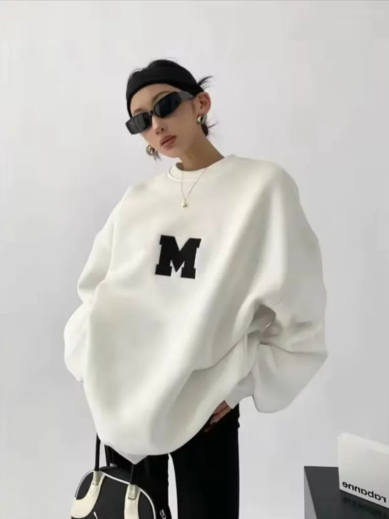 MEXZT Streetwear Y2K Oversized Fleece Sweatshirt with Letter Print – Harajuku & Korean Inspired Casual Hoodie for Women Rieworkes