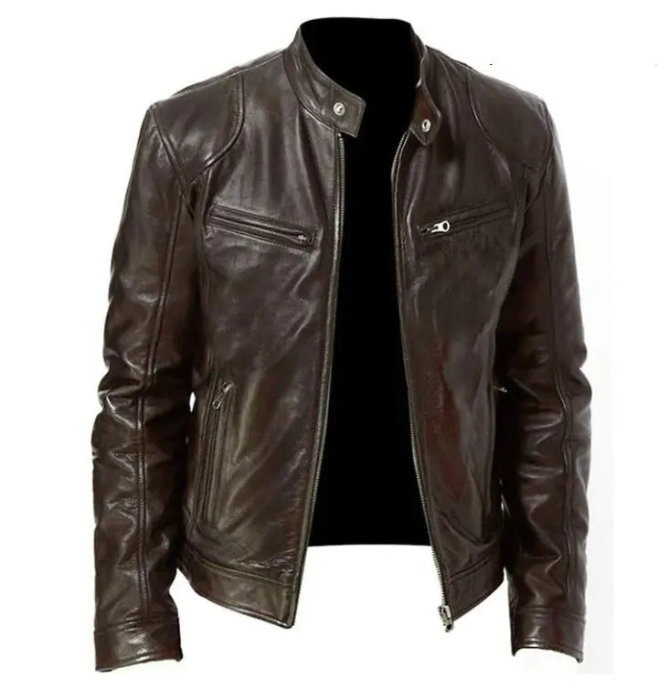 Men's Zip Cardigan PU Leather Jacket With Stand Collar Rieworkes