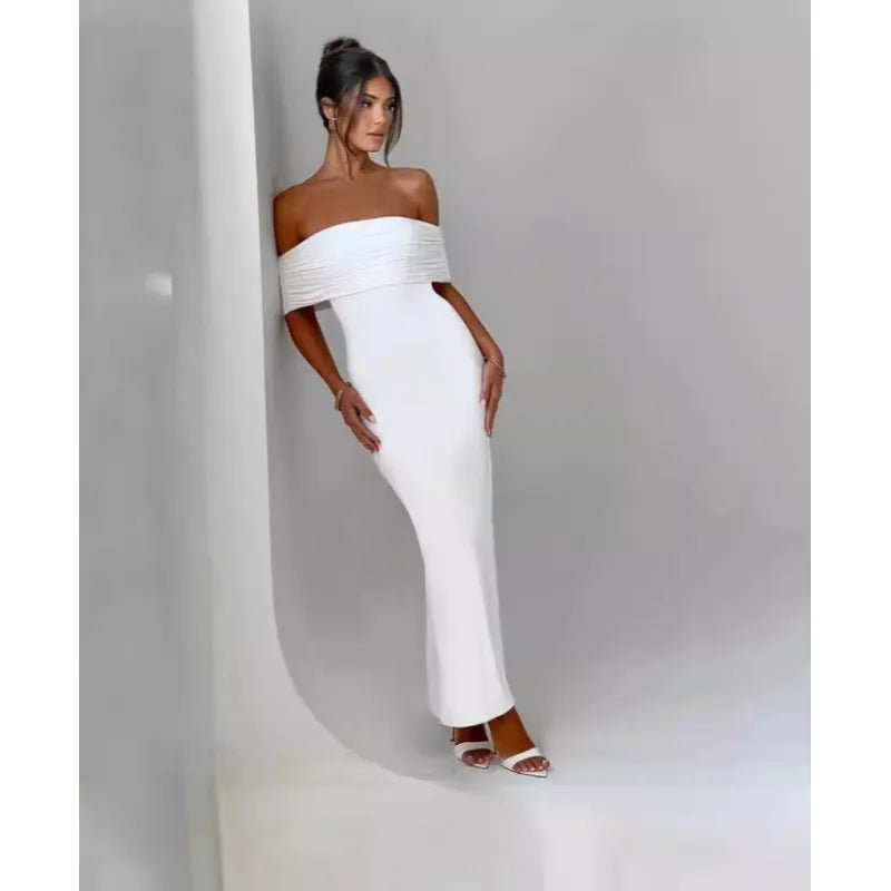Socialite Style Elegant Sexy Backless Off-shoulder Dress Women Rieworkes