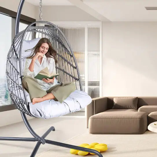 Swing Egg Chair With Stand Indoor And Outdoor Rattan Patio Basket Sling Chair With C-bracket, Patio Wicker Folding Sling Chair Rieworkes