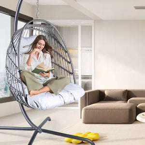 Swing Egg Chair With Stand Indoor And Outdoor Rattan Patio Basket Sling Chair With C-bracket, Patio Wicker Folding Sling Chair Rieworkes