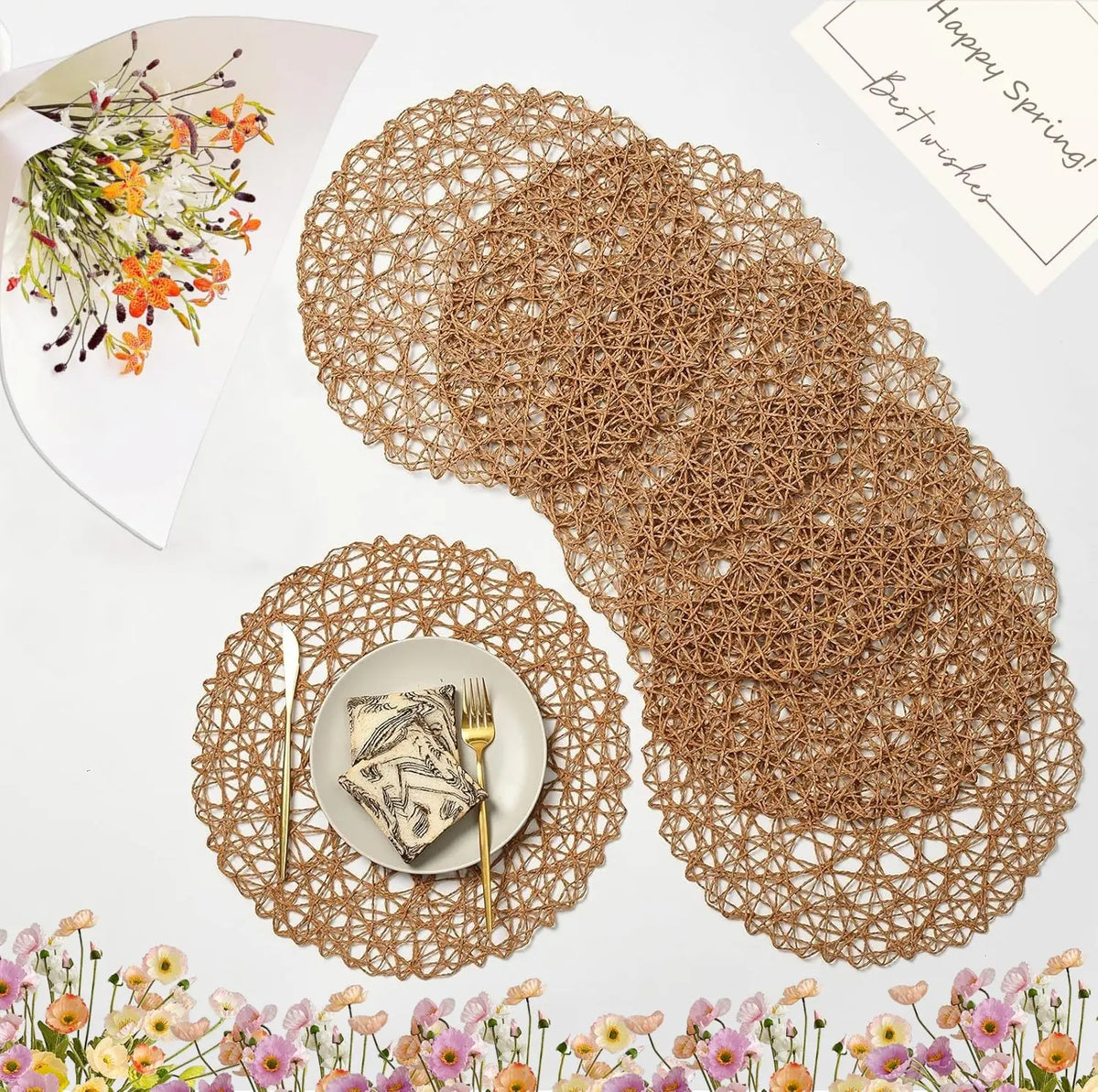 IcosaMro Brown Round Placemats Set of 6 for Dining Table 15 Inch Paper Woven Boho Decorative Circle Place Mat for Wedding Christmas Thanksgiving Day Holiday Dinner Light Coffee Brown Mimarta
