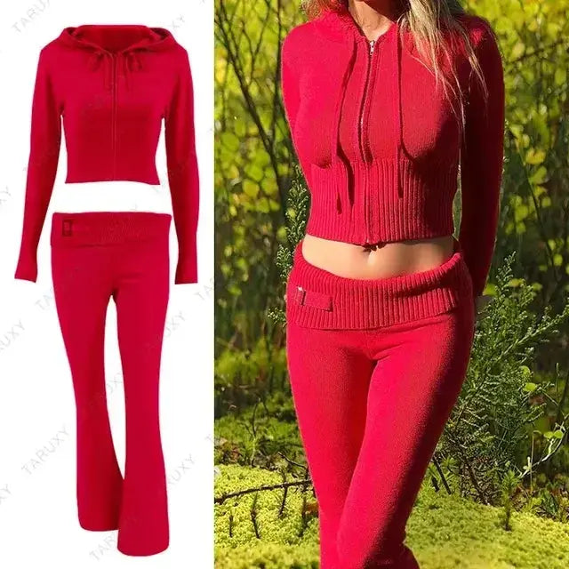 Knitted Hoodie Cropped Top And Pants Set Rieworkes