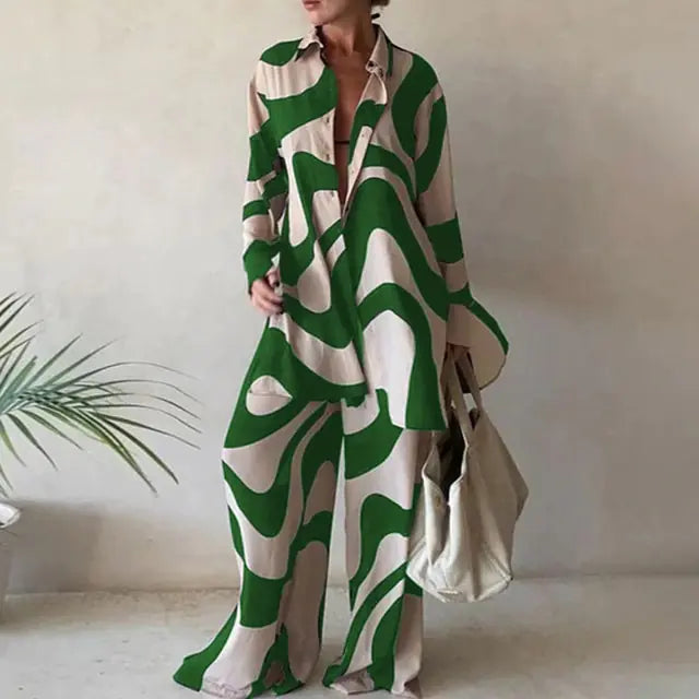 Loose Stripe Pants Set Elegant Long Sleeve Top Rieworkes