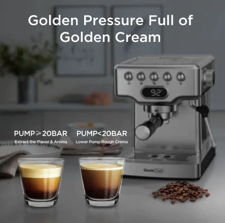 Geek Chef 20-Bar Espresso Maker with Milk Frother – Stainless Steel Espresso Machine for Lattes, Cappuccinos & More, 1.8L Tank Rieworkes