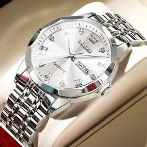 OLEVS Watch for Men Diamond Business Dress Analog Quartz Stainless Steel Waterproof Luminous Date Two Tone Luxury Casual Wrist Watch silver watch for men Rieworkes