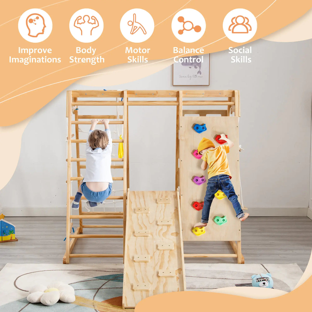 Toddler Indoor Wooden Gym 8-in-1 Indoor Playground Climbing Playset Rieworkes