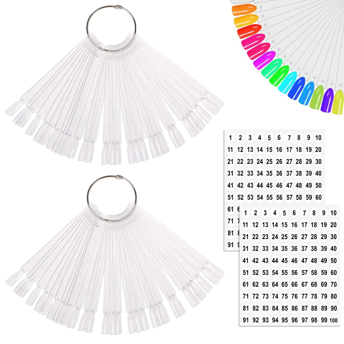 JASSINS 150 Pcs Nail Swatch Sticks with Ring and Number posted, Clear Fan-shaped Nail Art Polish Practice Display Tips Nail Sample Sticks, Nail Practice Color Display Polish Board C. Transparent (150 PCS) Rieworkes