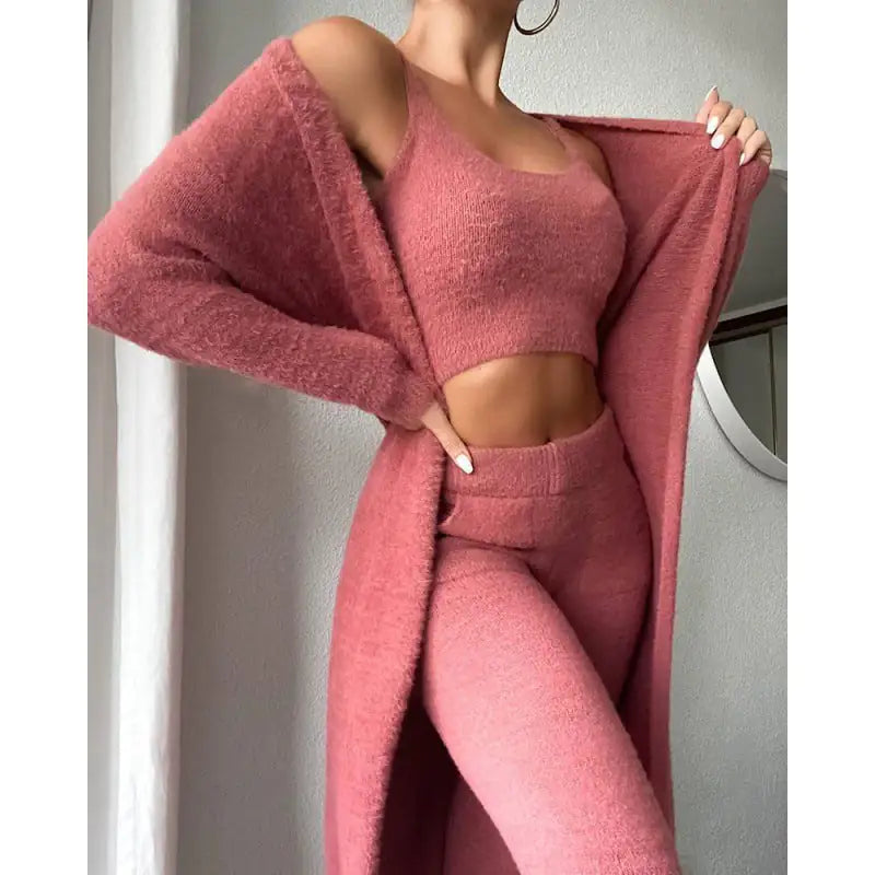 Cozy Pajama Set, 3 Piece Lounge Set, Cute Loungewear, Warm Suit Sets, Matching Set, Lounge Set, 3 Piece Pant Sets, Women Winter Dress Rieworkes