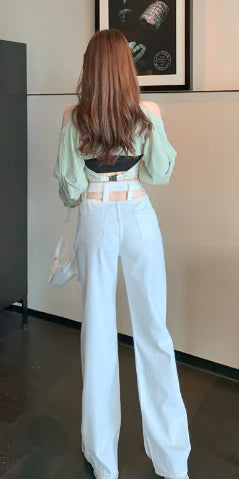 Women’s High Waist Loose Fit Blue Denim Trousers Mimarta