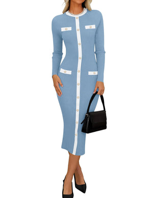 ZESICA Womens Ribbed Crewneck Sweater Dress 2024 Fall Winter Long Sleeve Button Color Block Knit Midi Dresses Blue L Mimarta