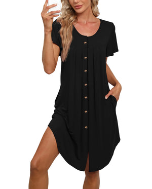 Bestshow House Dresses for Women With Pockets Short Sleeve Sleepwear Comfy Sleep Shirt Button Gown Mumu Dresses Mimarta