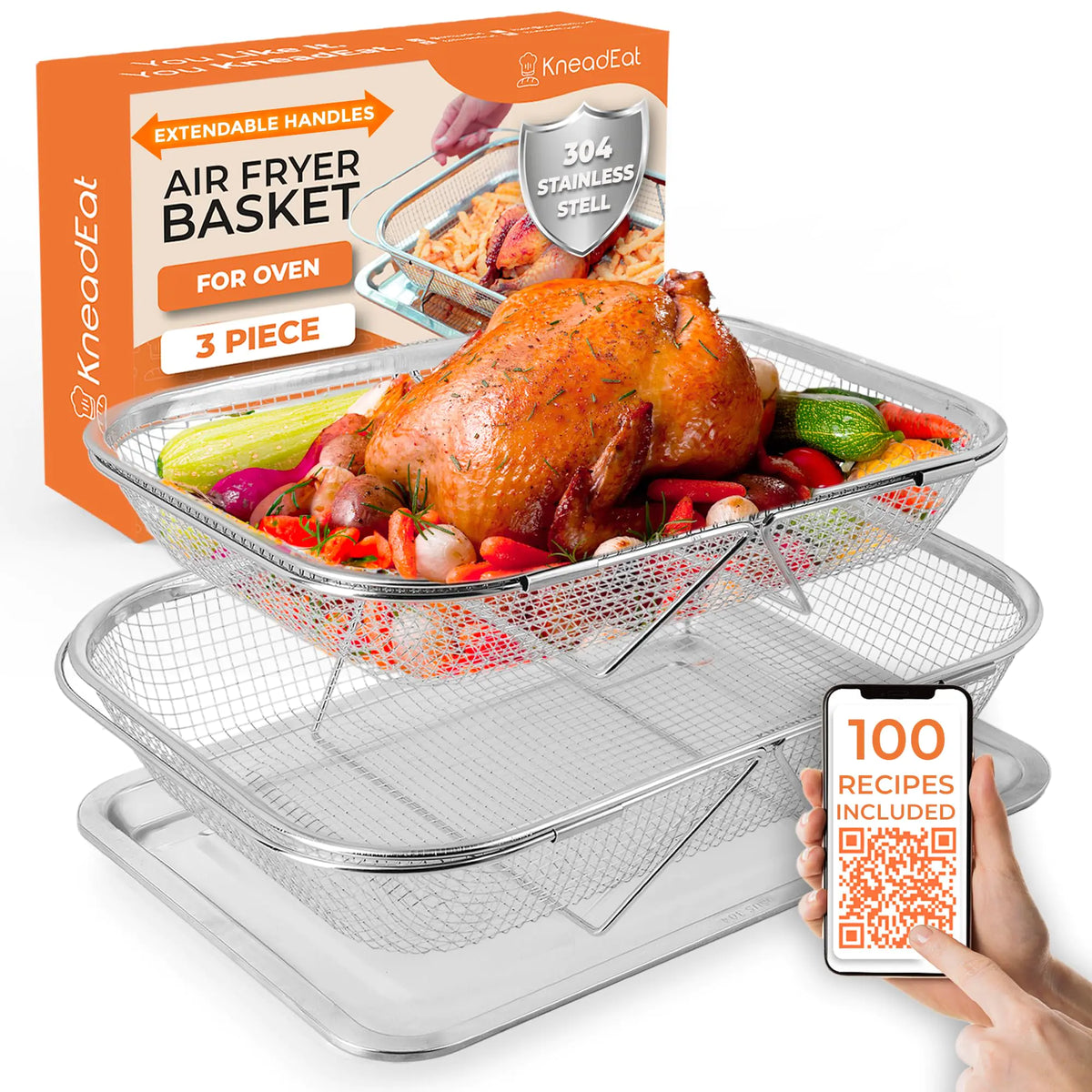 Air Fryer Basket for Oven Set (3-Piece). Extendable Handles. 304 Stainless Steel. 1 Large Basket 1 Medium Basket. 1 Tray. Perfect For Oven Cook Colander and Fruit and Veggie Basket. Dishwasher Safe. Rieworkes