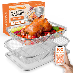 Air Fryer Basket for Oven Set (3-Piece). Extendable Handles. 304 Stainless Steel. 1 Large Basket 1 Medium Basket. 1 Tray. Perfect For Oven Cook Colander and Fruit and Veggie Basket. Dishwasher Safe. Rieworkes