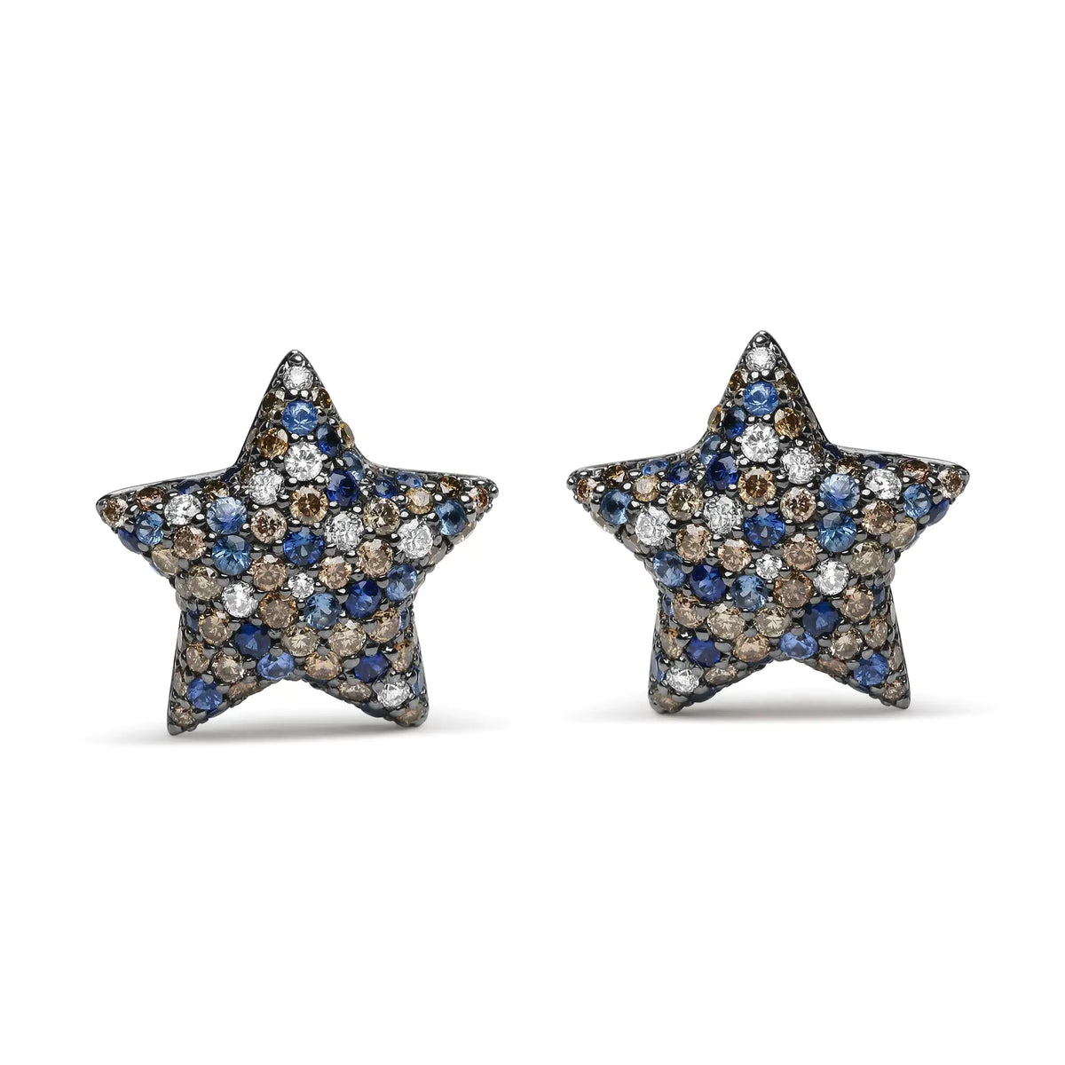 Black Rhodium Plated 18K White Gold 1.00 Cttw Diamond and Round Blue Sapphire Gemstone Micro-Pave Star Stud Earrings (Brown and G-H Color, SI1-SI2 Clarity) Rieworkes