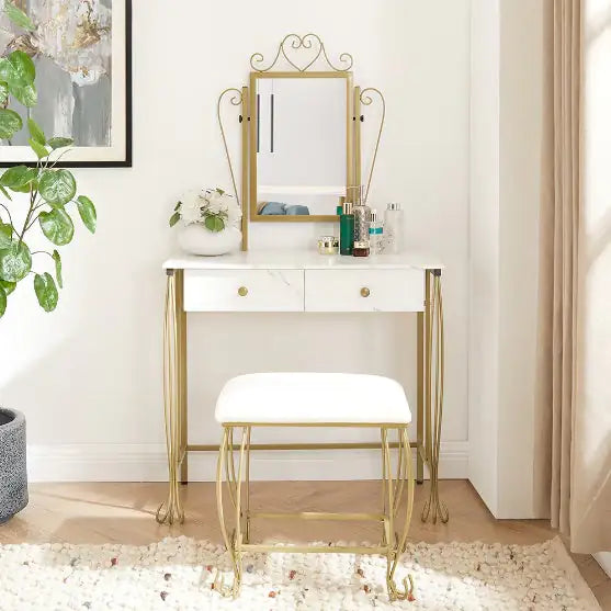 Vanity Table Set With Mirror &amp; Stool,White Makeup Dressing Desk With Drawers For Girls,Women,Bedroom,Gift Rieworkes