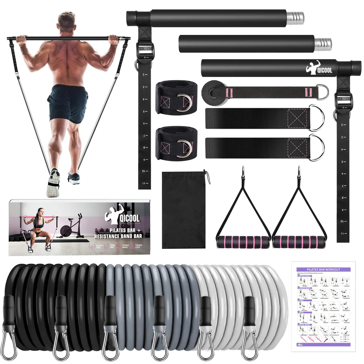 Pilates Bar Kit with Resistance BandsQicool Pilates Resistance Bands Exercise Fitness Equipment for Women & Men Home Gym Yoga Pilates (Black(20/30/50lbs)) Mimarta