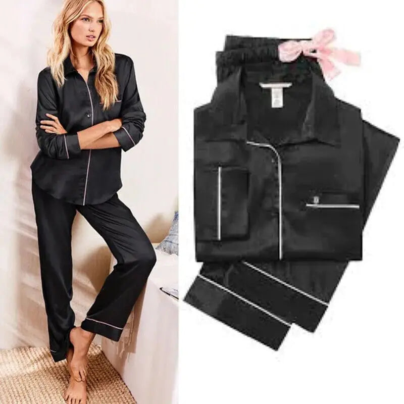 New Elegant Fashion Casual Women Lady Satin Pajamas Set Rieworkes